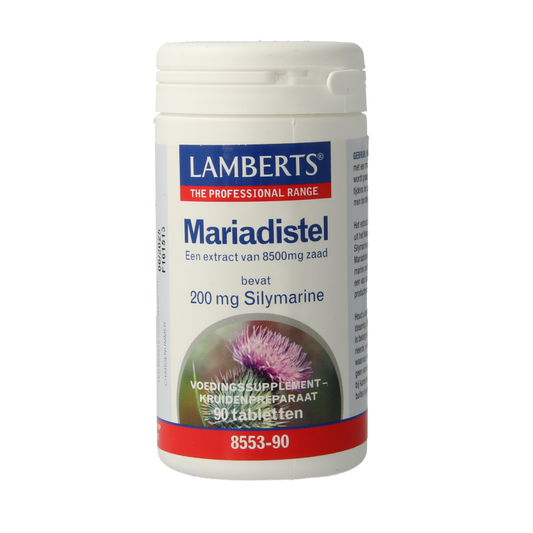 Lamberts Mariadistel 200mg silymarin herbal supplement in a box of 90 tablets, featuring a green and white packaging design.