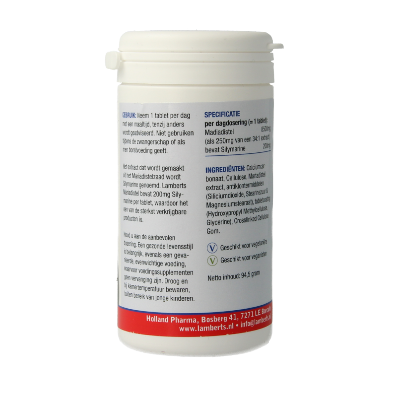 Lamberts Mariadistel 200mg silymarin herbal supplement in a bottle with 90 tablets, featuring green packaging and label details.