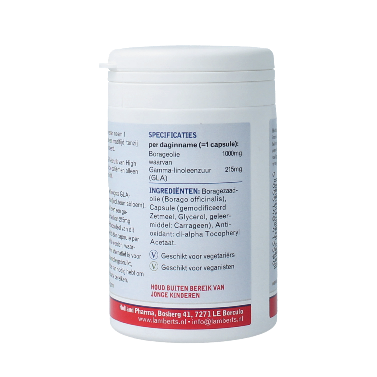 Lamberts Borage Oil Starflower 1000mg vegetarian capsules, softgel supplement with omega-6 fatty acids, shown in bottle and capsules.