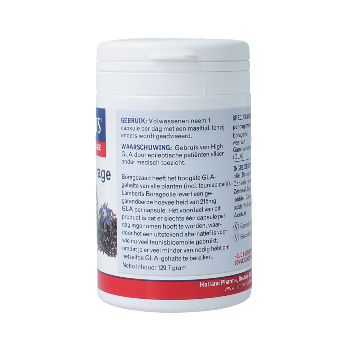 Lamberts Borage Oil Starflower 1000mg vegetarian capsules, omega-6 fatty acids supplement, shown in a bottle with capsules inside.