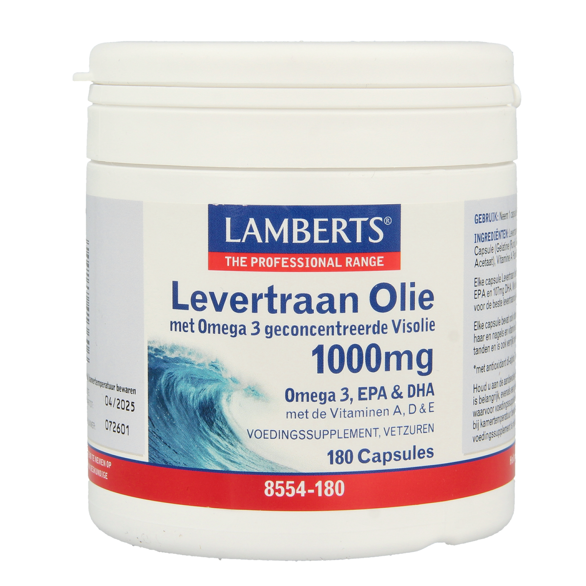 Lamberts Levertraanolie 1000mg capsules, omega-3 fatty acids supplement in a bottle with capsules visible.