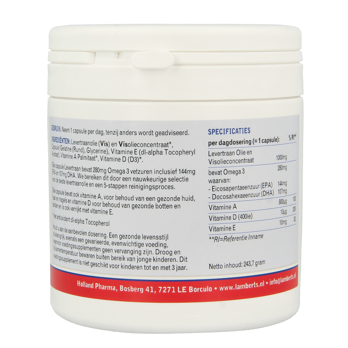 Lamberts Levertraanolie 1000mg capsules of fish oil, showing the bottle and capsules in a natural setting.