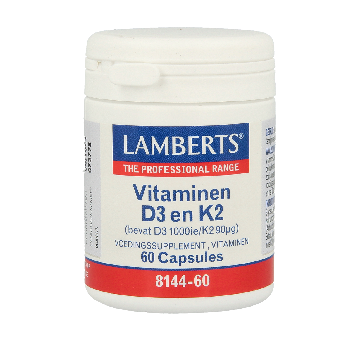 Lamberts Vitamin D3 1000IU and K2 capsules, dietary supplement in a transparent bottle with 60 capsules visible inside.