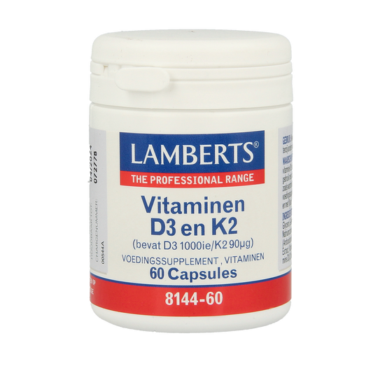 Lamberts Vitamin D3 1000IU and K2 capsules, dietary supplement in a transparent bottle with 60 capsules visible inside.