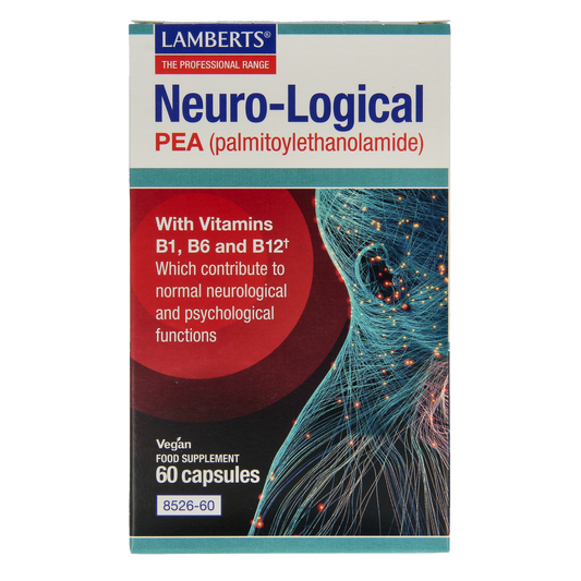 Lamberts Neuro-logical PEA capsules with 200mg palmitoylethanolamide in a bottle, natural supplement for nerve health