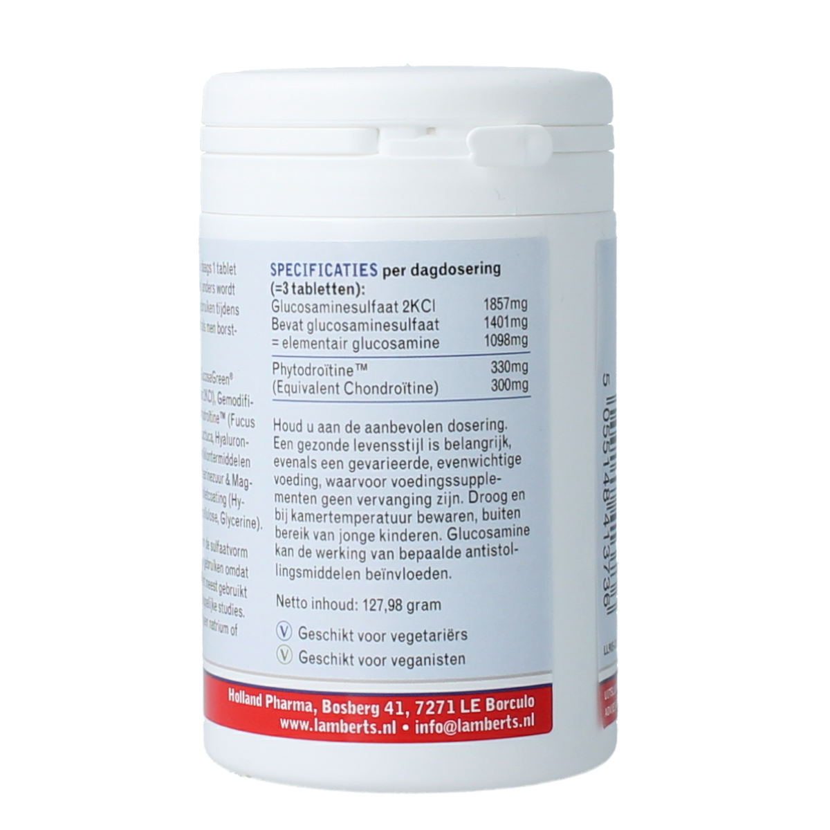 Lamberts vegan Glucosamine & Phytodroitine complex tablets, dietary supplement for joint health, shown in a bottle with tablets.