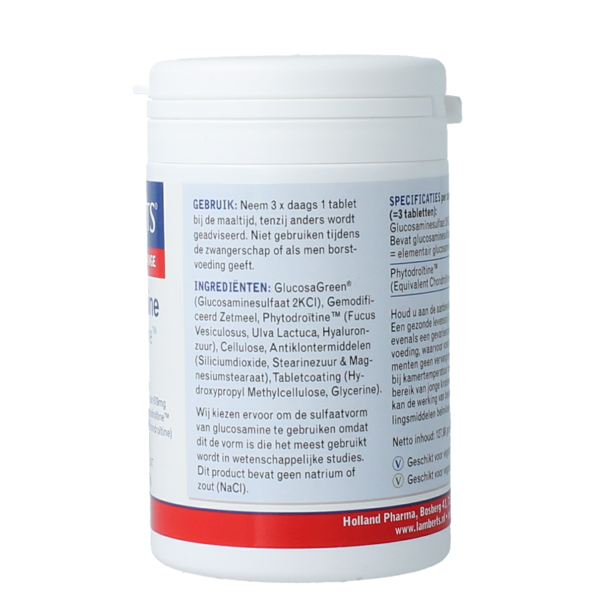 Lamberts vegan Glucosamine & phytodroitine complex mineral supplement tablets, 120-count, in a clear bottle with label.
