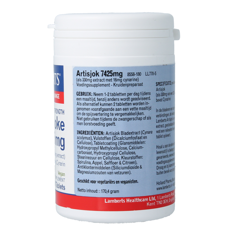 Lamberts Artisjok extract in a bottle of 180 tablets, herbal supplement for digestive health, with a white bottle and label.