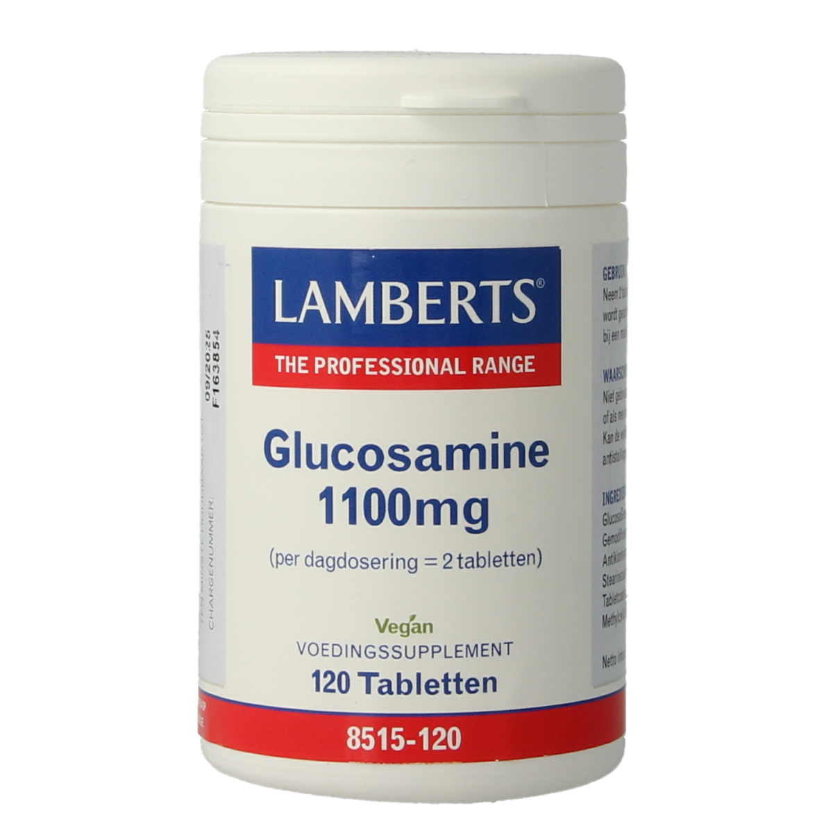 Lamberts Glucosamine 1100 vegan mineral supplement tablets, featuring 120 tablets in a natural, health-focused packaging.