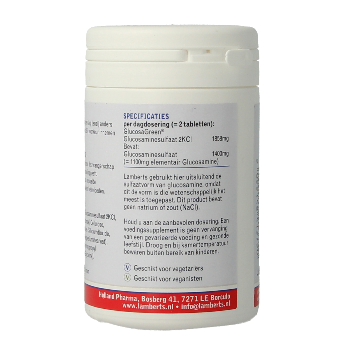 Lamberts Glucosamine 1100 vegan mineral supplement bottles with tablets, natural joint support, branded dietary supplement.