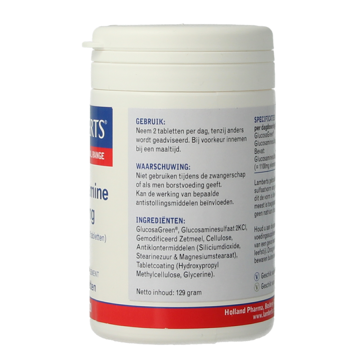 Lamberts Glucosamine 1100 Vegan tablets, dietary supplement for joint support, shown in blister pack on white background.
