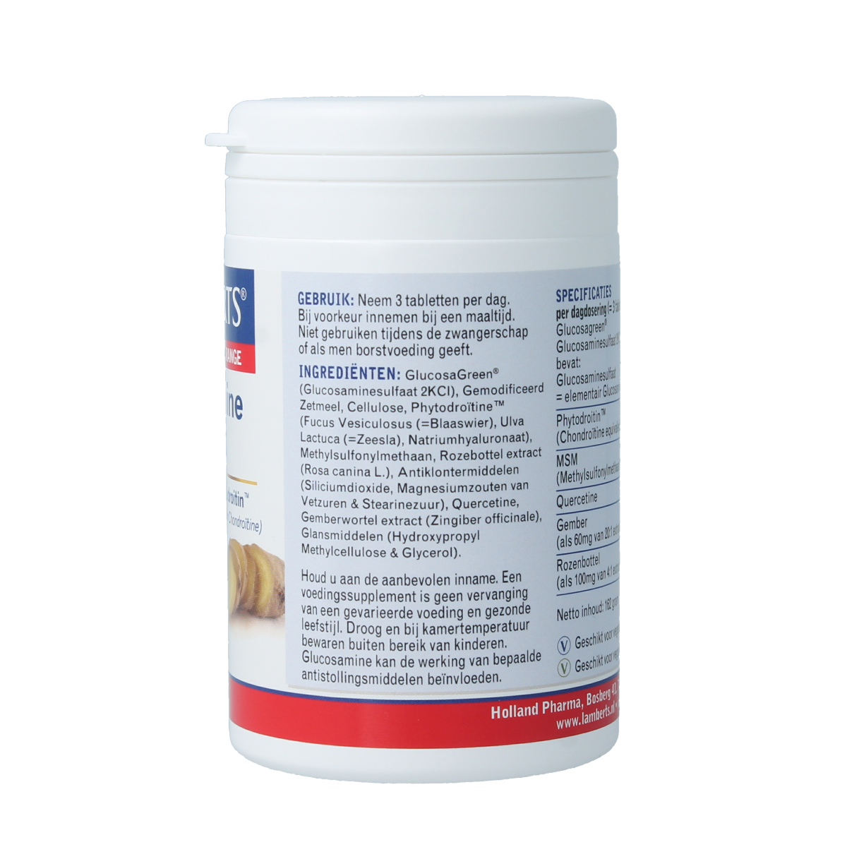 Lamberts vegan Glucosamine Compleet mineral supplement in a bottle of 120 tablets, showing the product label and tablets inside