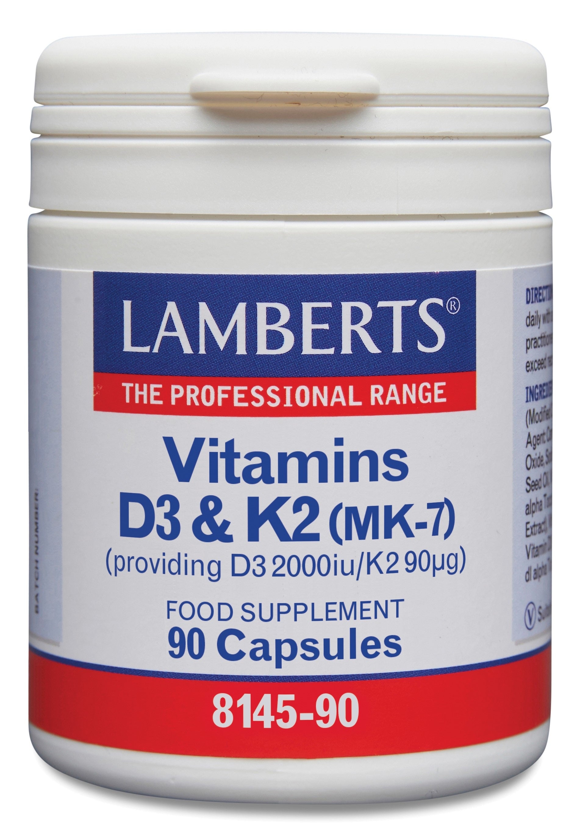 Lamberts Vitamin D3 2000IU and K2 capsules, dietary supplement with 90 capsules, showing the supplement bottle and label.