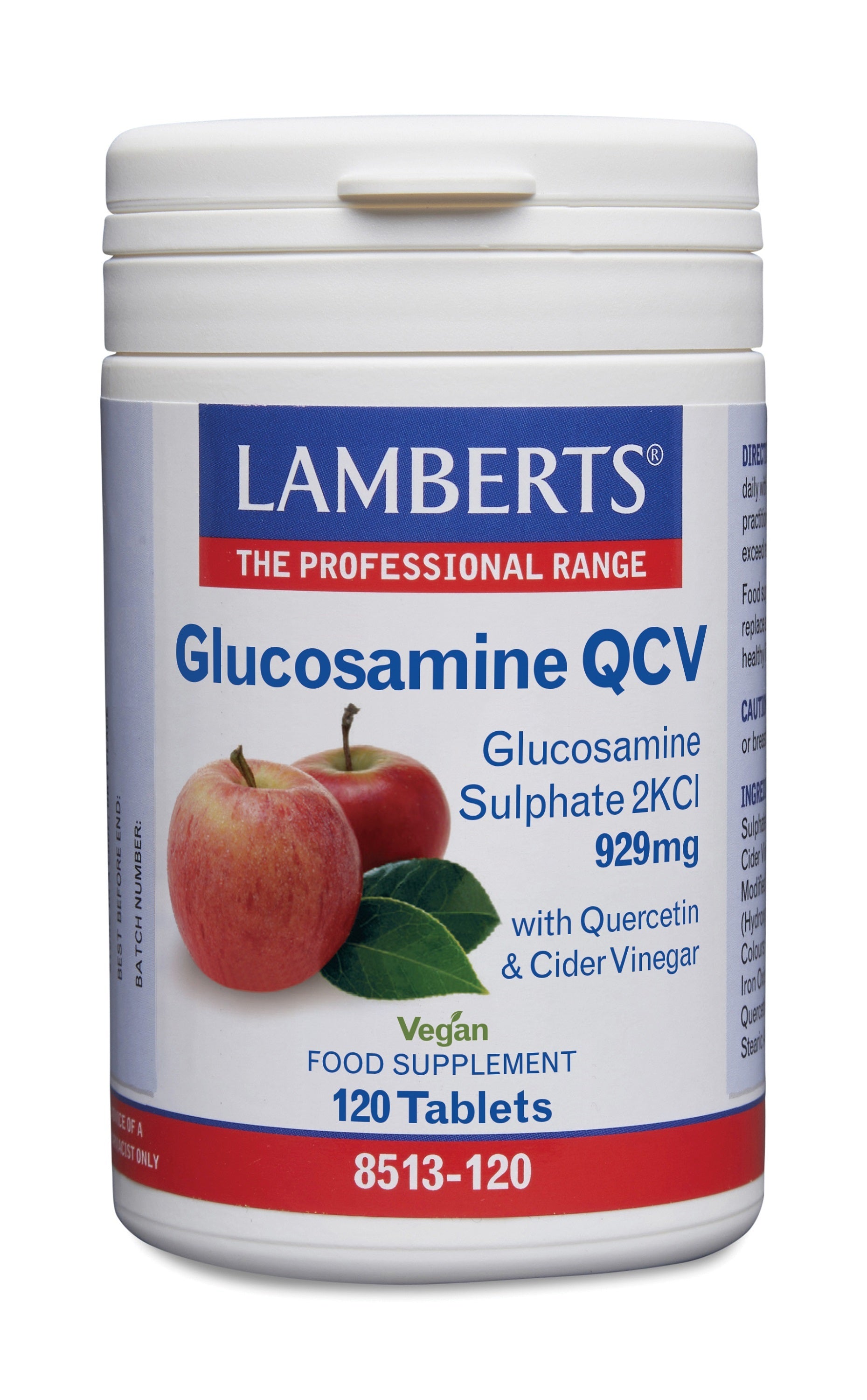 Lamberts vegan glucosamine tablets, dietary supplement for joint health, displayed in a bottle with 120 tablets.