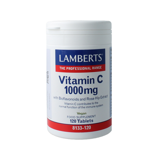 Lamberts Vitamin C 1000mg with bioflavonoids, 120 tablets, dietary supplement in a blister pack.