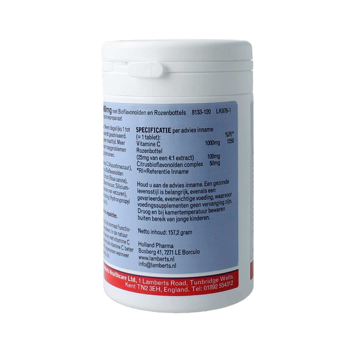 Lamberts Vitamin C 1000mg with bioflavonoids, 120 tablets, dietary supplement showing the bottle and tablets.