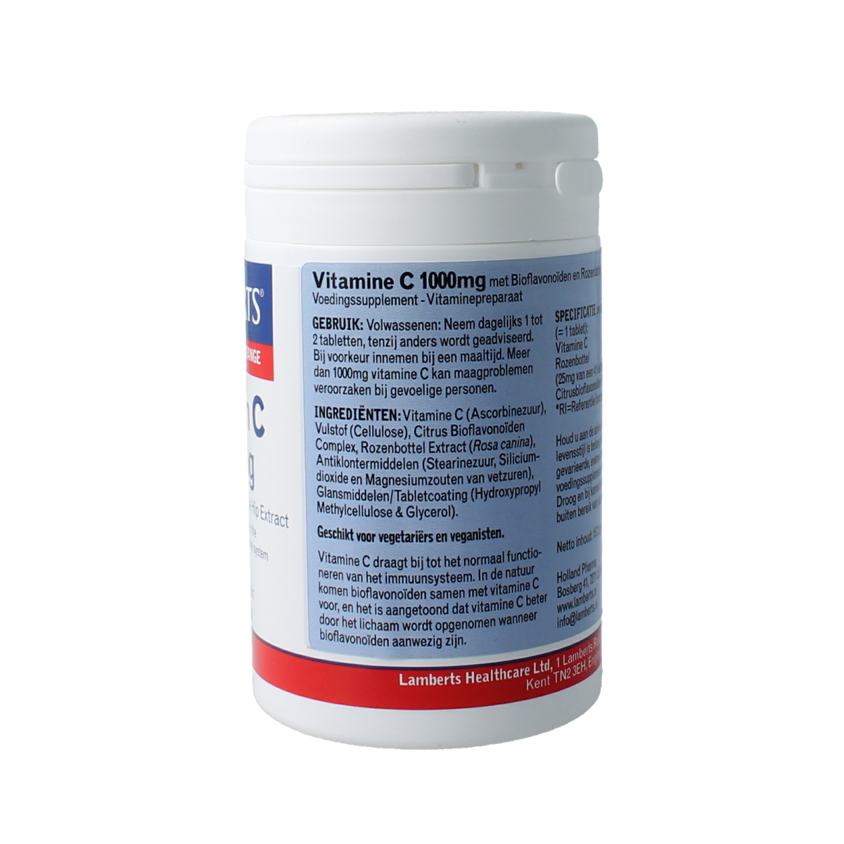 Lamberts Vitamin C 1000mg with bioflavonoids tablets, close-up of the supplement bottle and tablets.