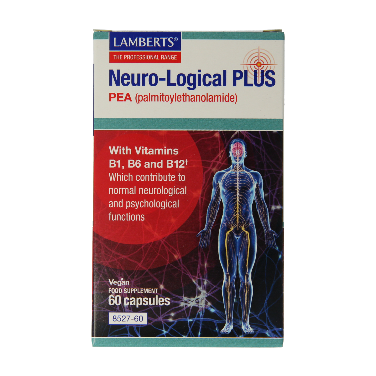 Lamberts Neuro-logical Plus PEA capsules, 400mg palmitoylethanolamide, Vetzuren supplement in a bottle with capsules.
