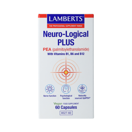 Lamberts Neuro-logical Plus PEA capsules featuring 400mg palmitoylethanolamide, dietary supplement in a bottle.