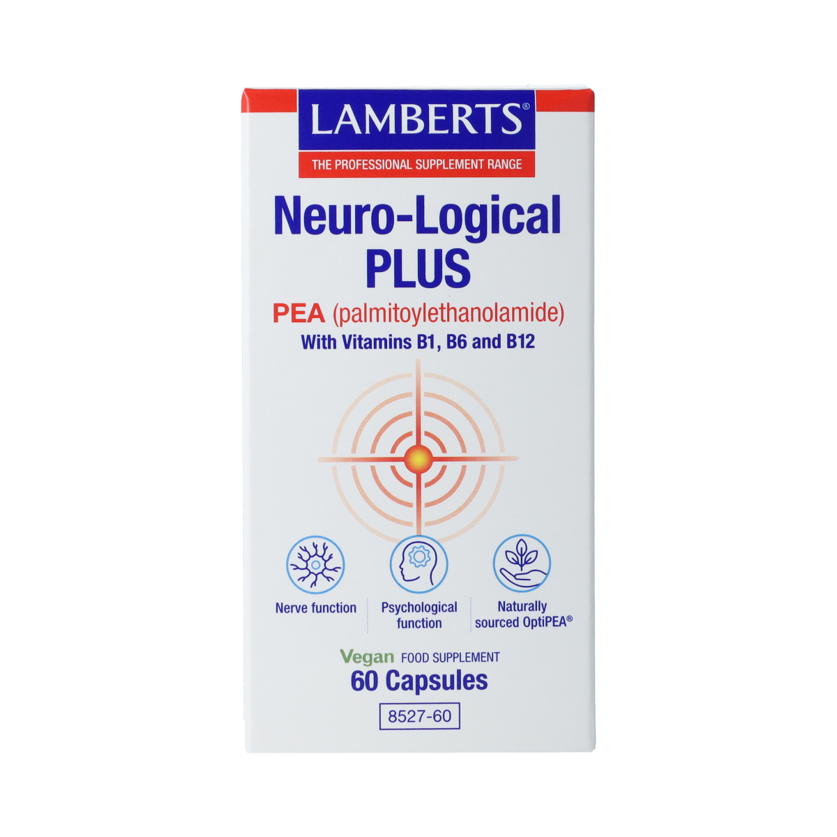 Lamberts Neuro-logical Plus PEA capsules, 400mg palmitoylethanolamide, Vetzuren dietary supplement, 60 capsules shown in bottle.