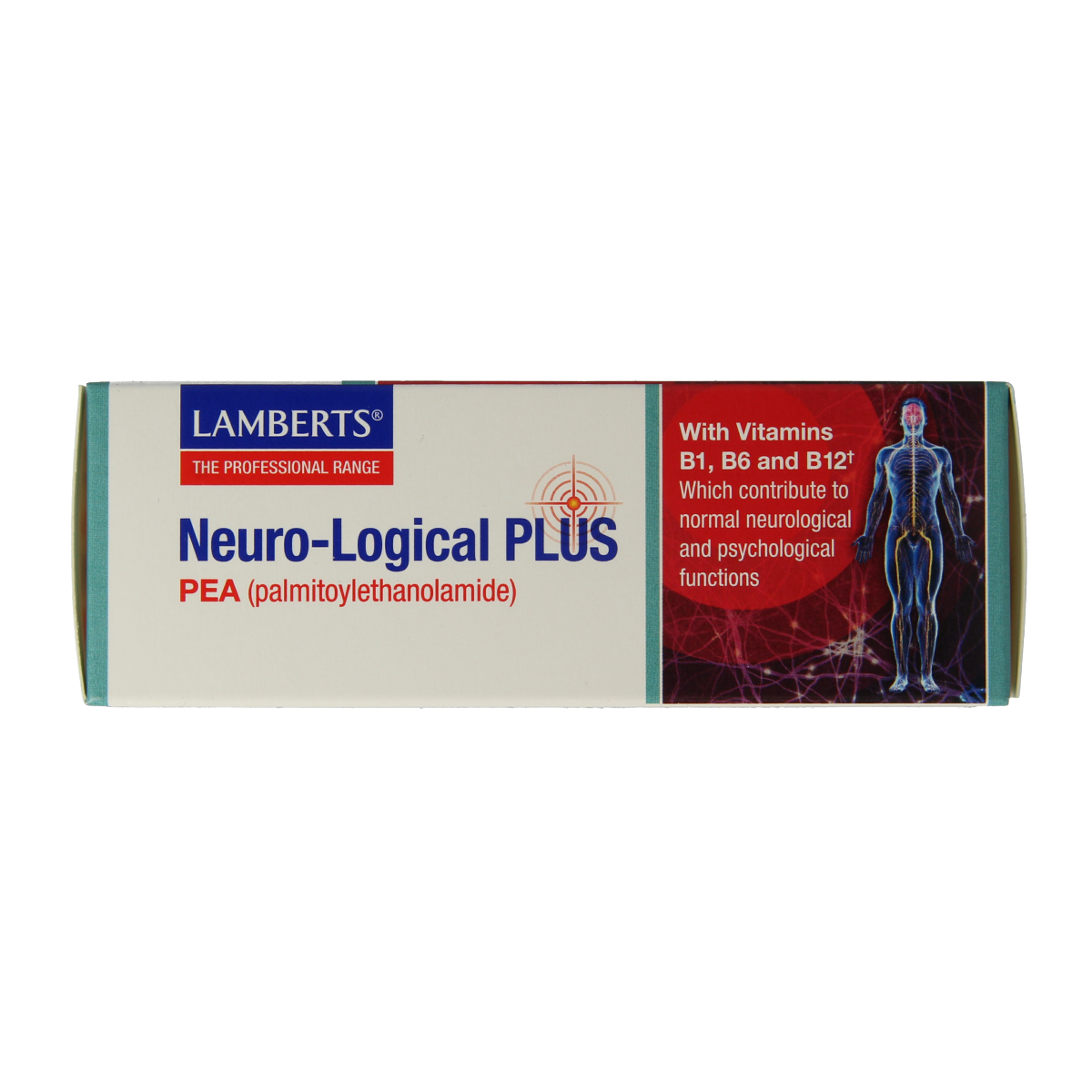 Lamberts Neuro-logical Plus PEA capsules containing 400mg palmitoylethanolamide for nerve health support, shown in a bottle.
