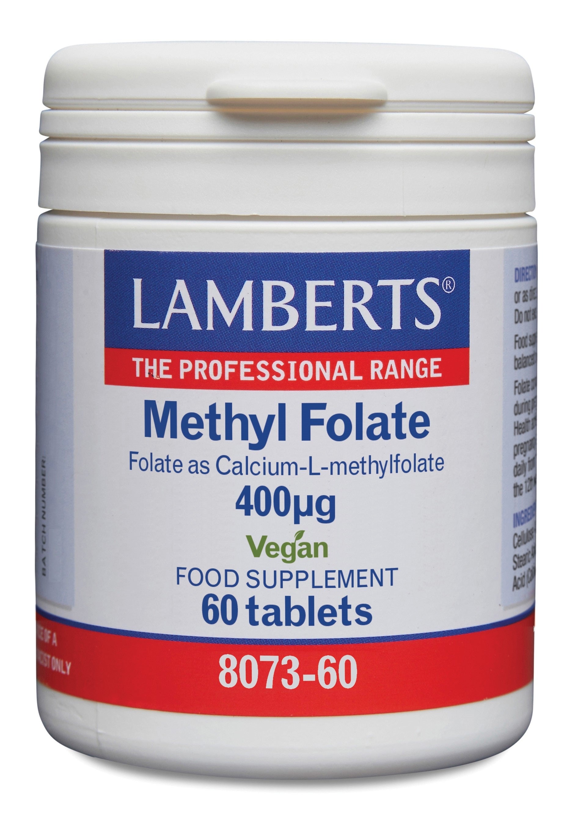 Lamberts Methylfolaat 400mcg vitamin tablets in a blister pack, showing the product packaging and tablets.