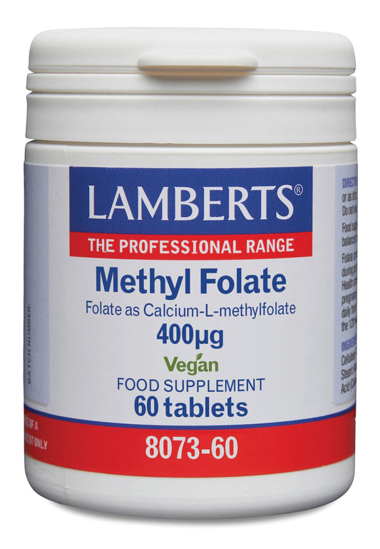 Lamberts Methylfolaat 400mcg vitamin tablets in a blister pack, showing the product packaging and tablets.