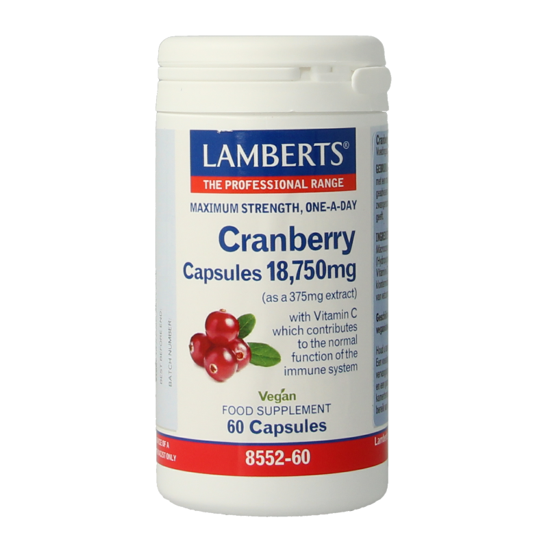 Lamberts Cranberry capsules in a bottle, dietary supplement for urinary health, part of Lamberts kruidenpreparaten range.