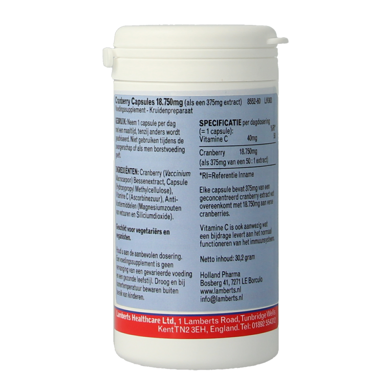 Lamberts Cranberry 60 capsules, herbal supplement in a white bottle with label, used for urinary health support.