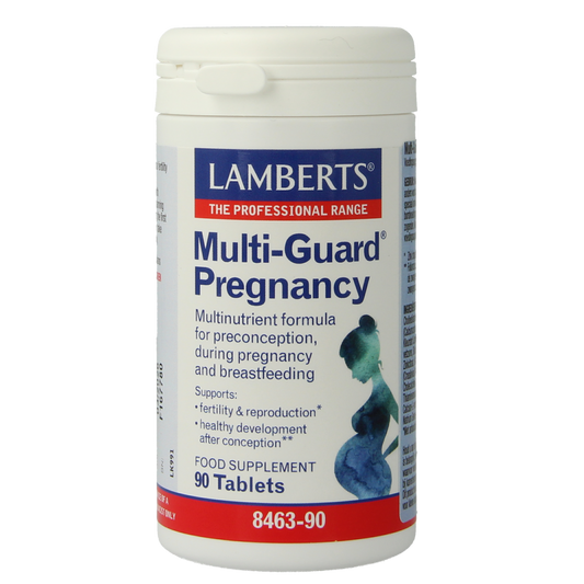 Lamberts Multi-Guard pregnancy multivitamins in a bottle, containing 90 tablets for prenatal health and nutrition.