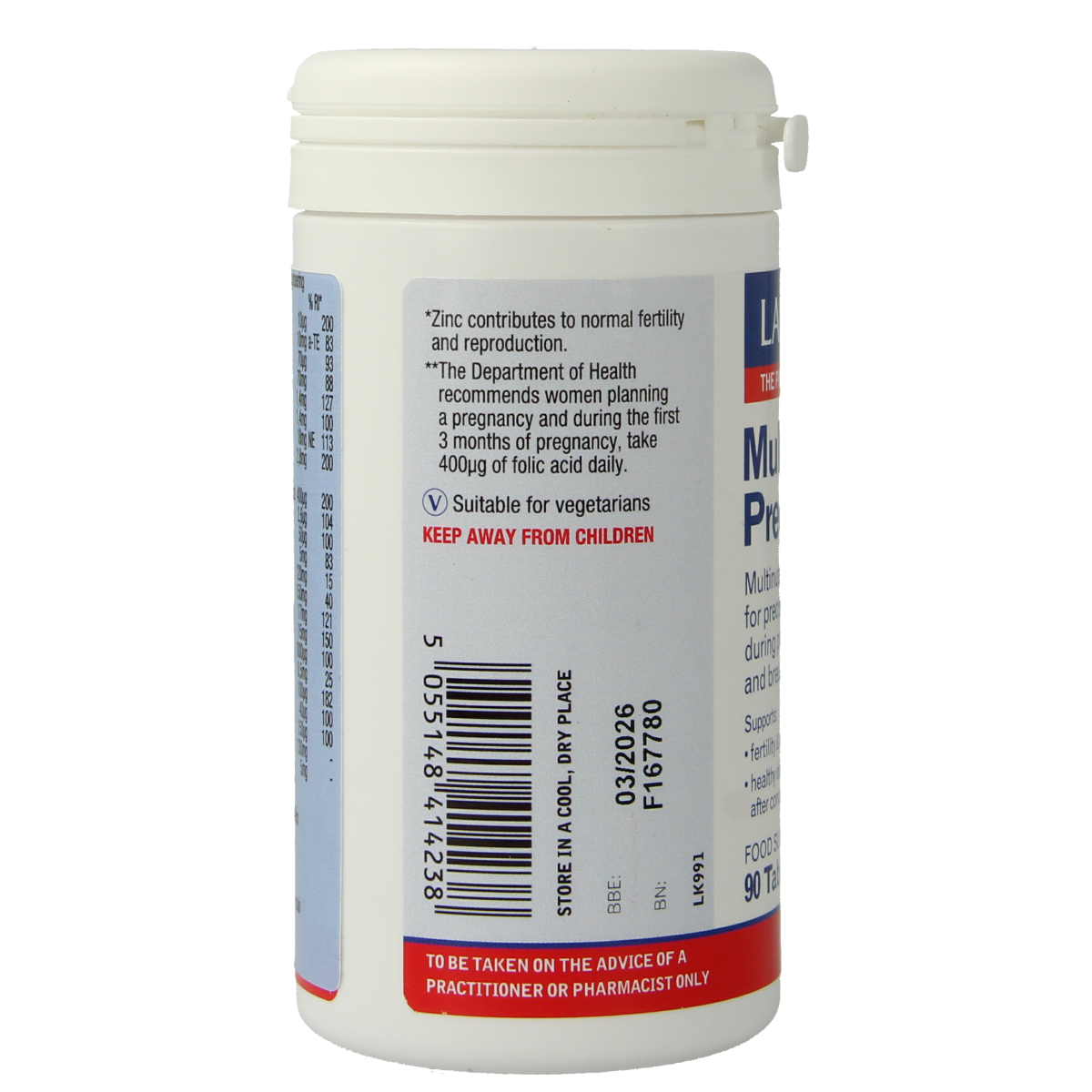 Lamberts Multi-Guard pregnancy multivitamins bottle with 90 tablets, showing the supplement packaging and tablets inside.