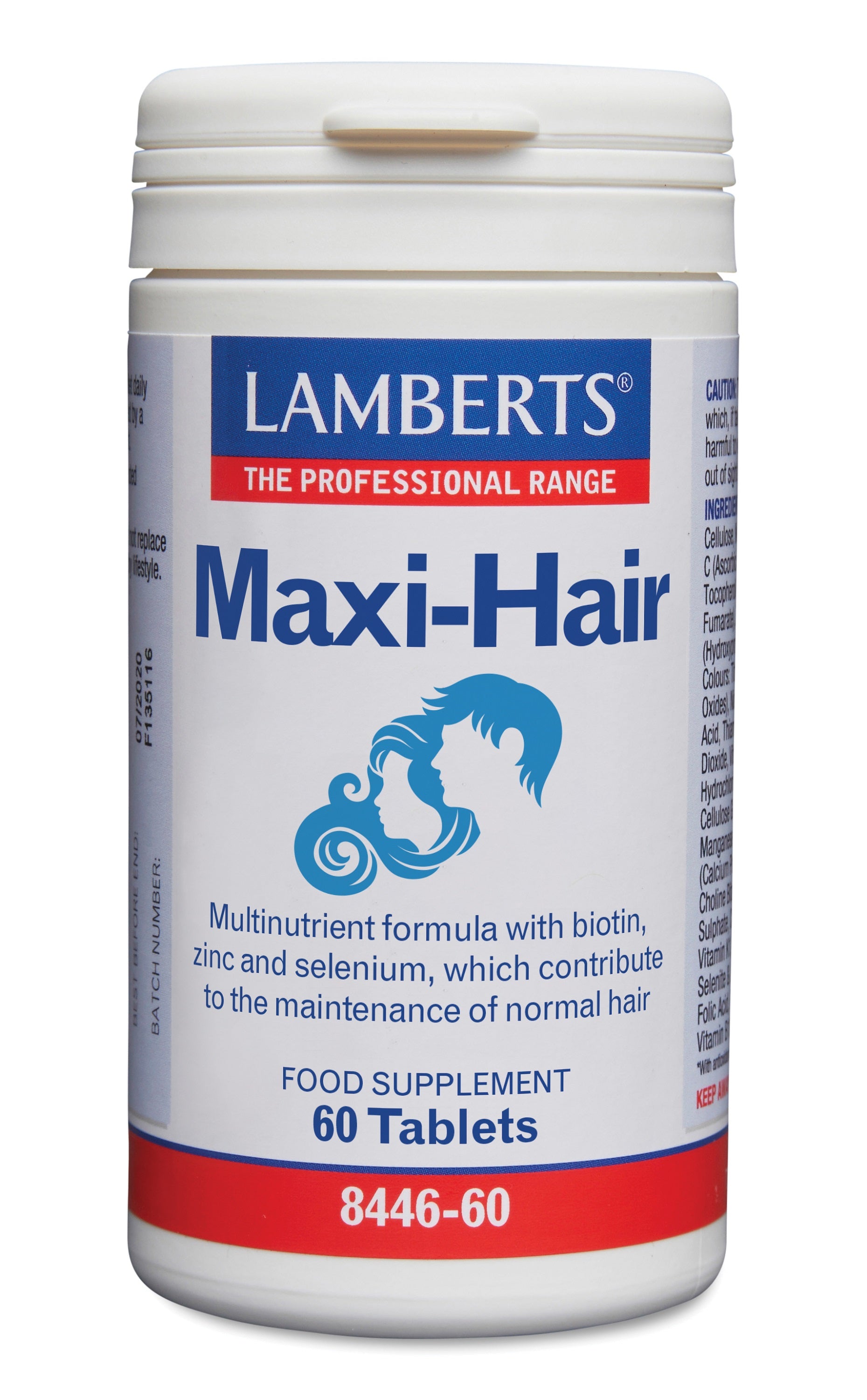 Lamberts Maxi-Hair multivitamin tablets with biotin, zinc, and selenium for hair health, shown in a bottle against a white background.