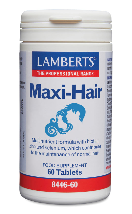 Lamberts Maxi-Hair multivitamin tablets with biotin, zinc, and selenium for hair health, shown in a bottle against a white background.