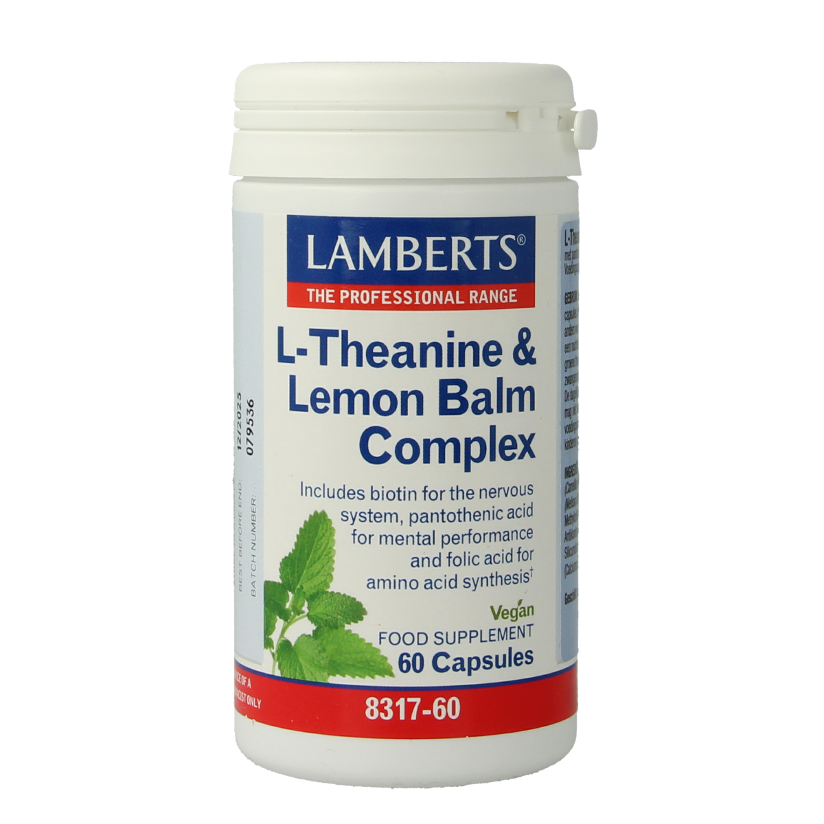 Lamberts L-Theanine and citronella complex capsules, dietary supplement with amino acids, in a clear bottle.