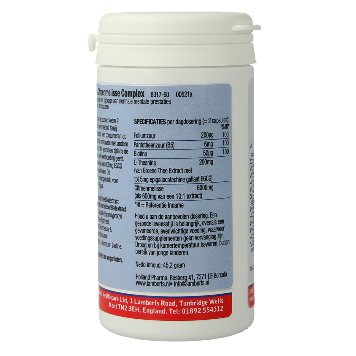 Lamberts L-Theanine and citroenmelisse complex capsules, dietary amino acids supplement in a clear bottle.