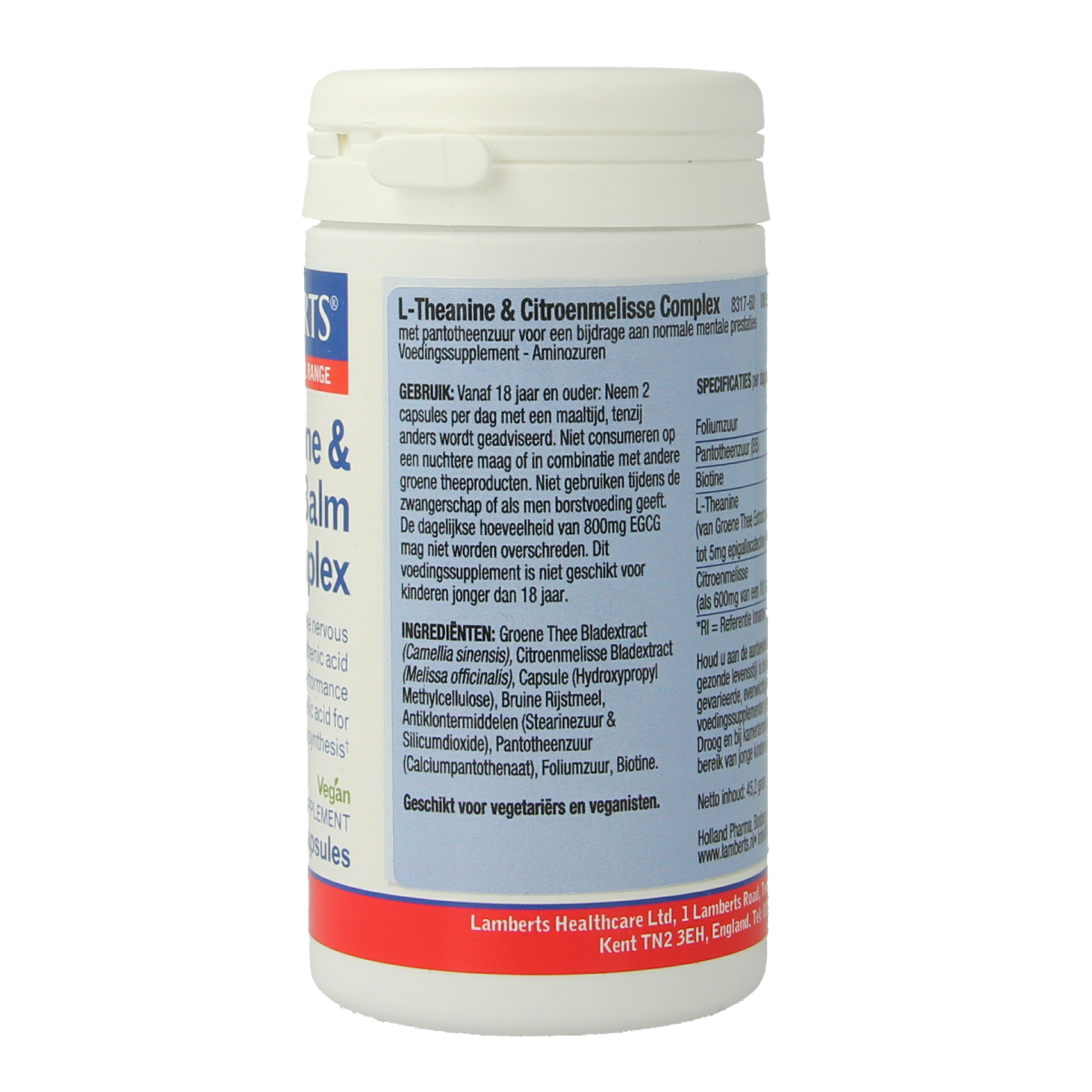 Lamberts L-Theanine and citronella complex capsules, dietary supplement with amino acids, 60 capsules in a bottle.