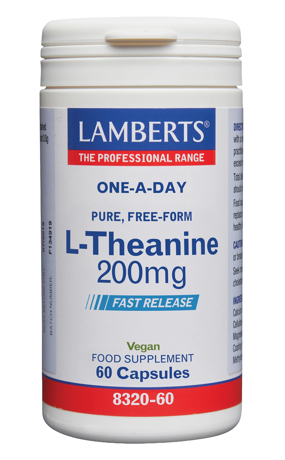 Lamberts L-Theanine 200mg capsules, natural amino acid supplement, 60 capsules in a bottle, designed to promote relaxation and focus.