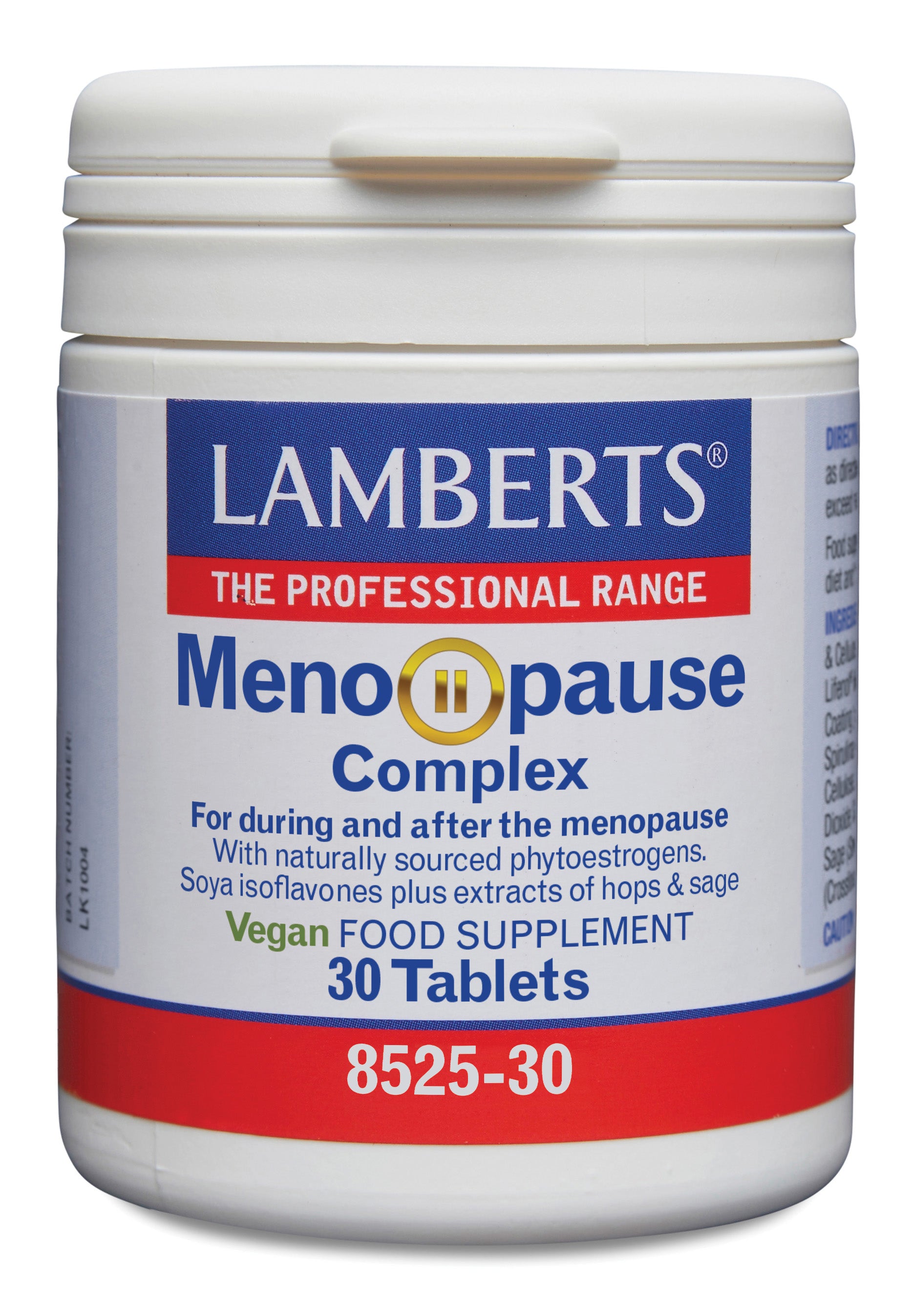 Lamberts Menopauze Complex herbal supplement tablets, natural remedy for menopause symptoms, in a bottle with tablets visible.