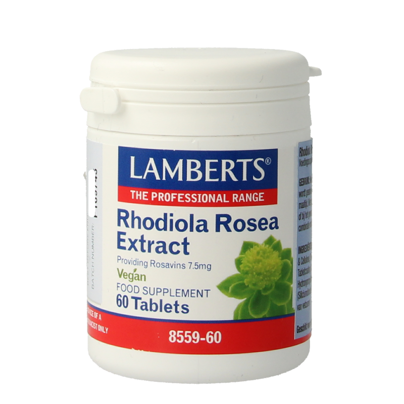 Lamberts Rhodiola Rosea herbal supplement tablets in a bottle, natural ingredients for energy and stress support.