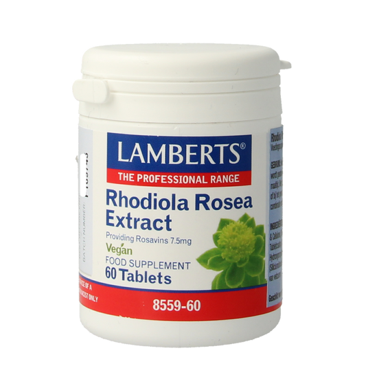 Lamberts Rhodiola Rosea herbal supplement tablets in a bottle, natural ingredients for energy and stress support.