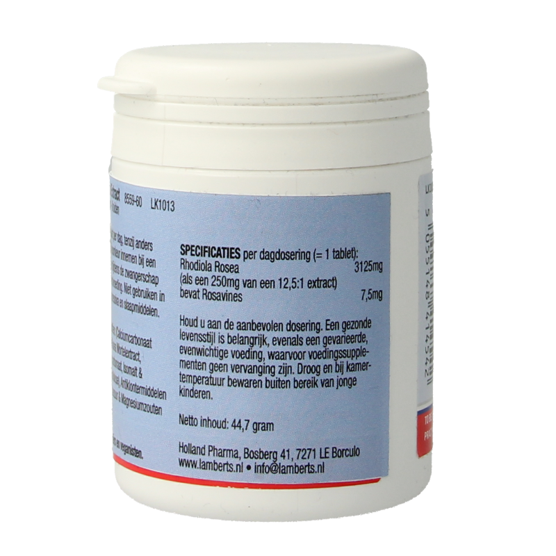 Lamberts Rhodiola Rosea 60 tablets herbal supplement bottle with label showing product details and branding.