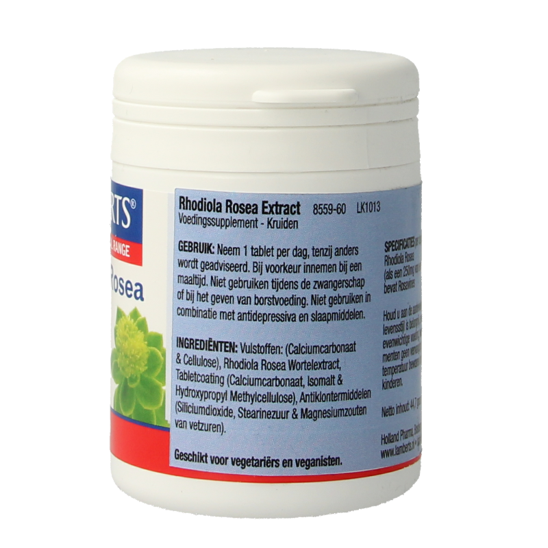 Lamberts Rhodiola Rosea 60 tablet bottle, herbal supplement, natural root extract in a white bottle with a label.