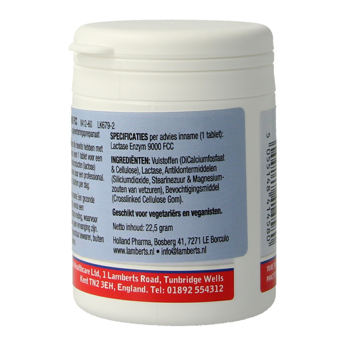 Lamberts Lactase enzym 9000 FCC supplement bottle with 60 tablets, designed to aid digestion of dairy products.