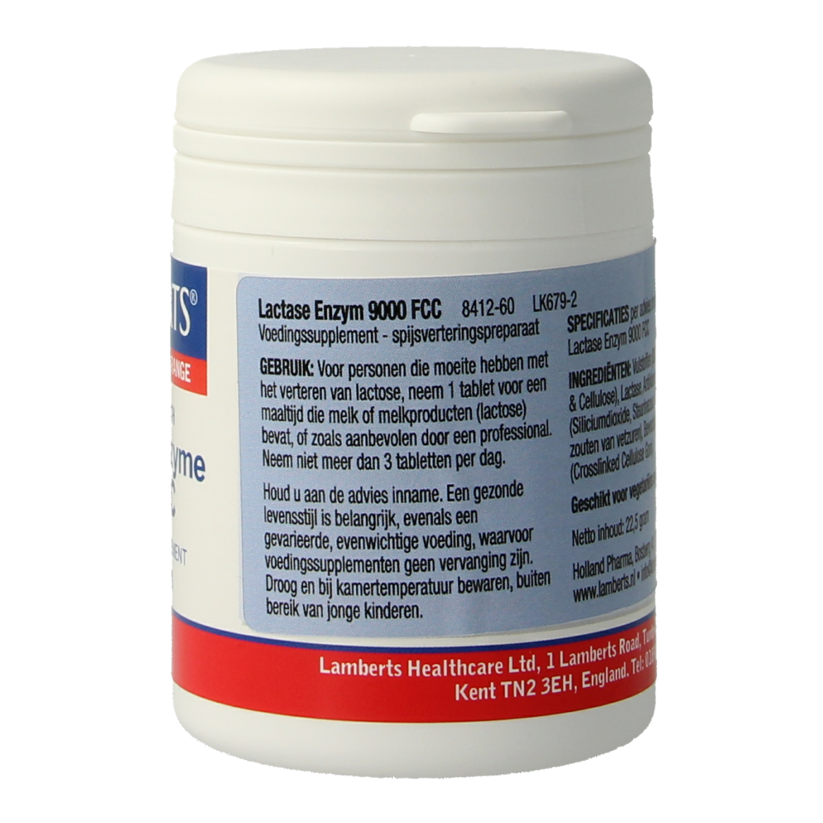 Lamberts Lactase enzym 9000 FCC dietary supplement in a bottle of 60 tablets, designed to aid digestion of dairy products.