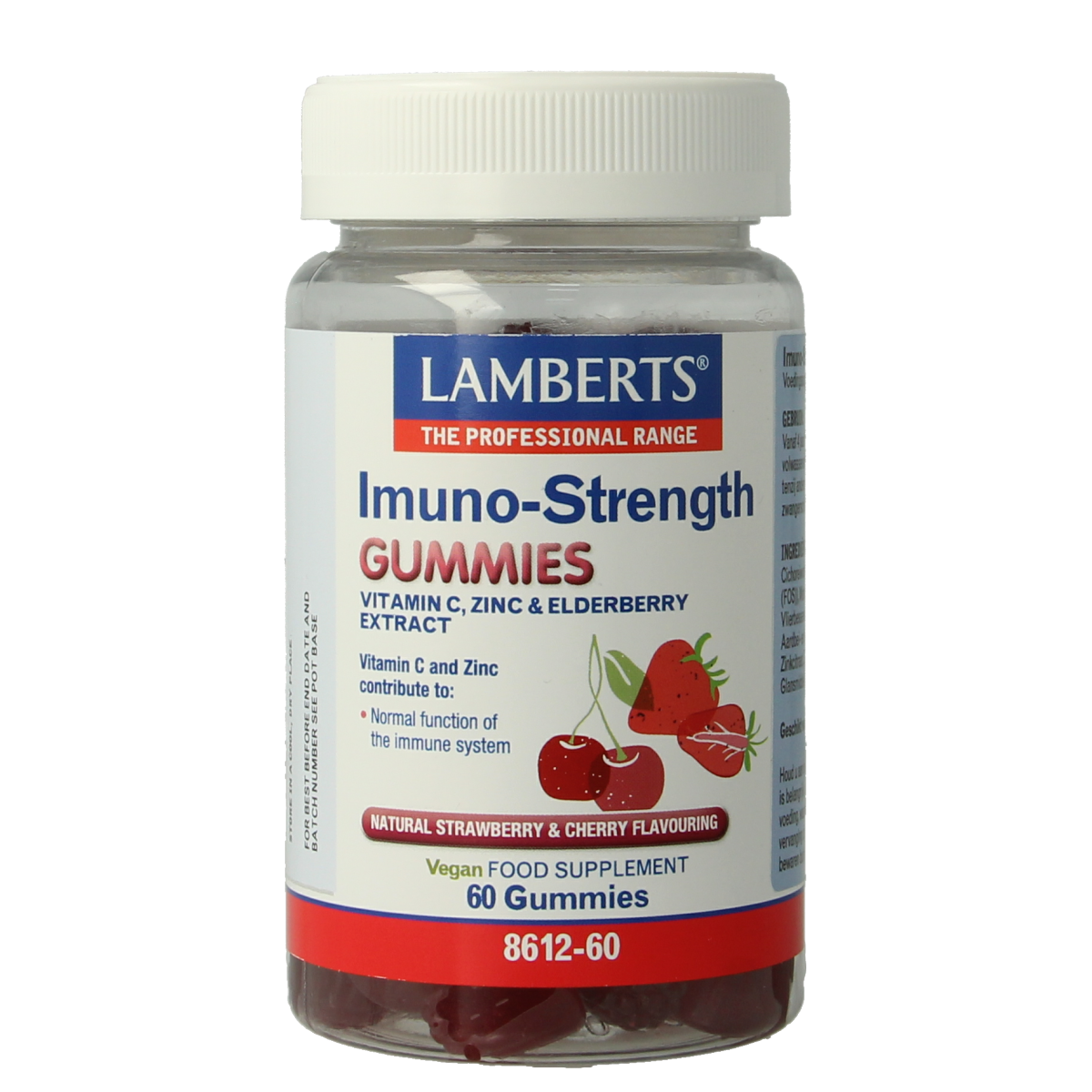 Lamberts Imuno-strength multivitamin gummies in a clear bottle, showing 60 gummy supplements for immune support.