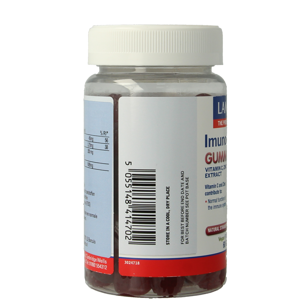 Lamberts Imuno-strength multivitamin gummies, 60-piece bottle, showing colorful fruit-flavored vitamin gummies in a clear container.