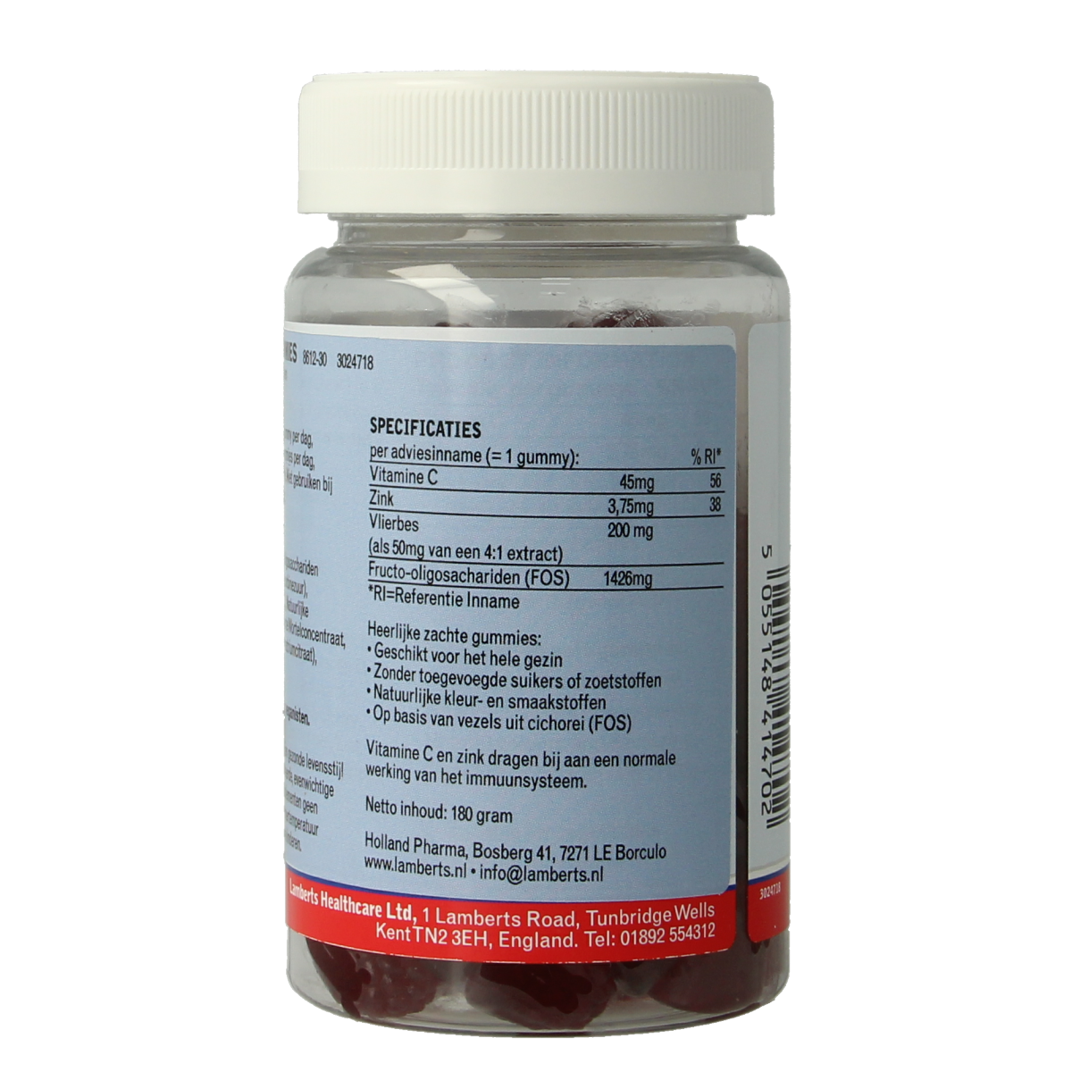 Lamberts Imuno-strength gummies, a dietary multivitamin supplement, shown in a bottle with 60 gummies on the label.