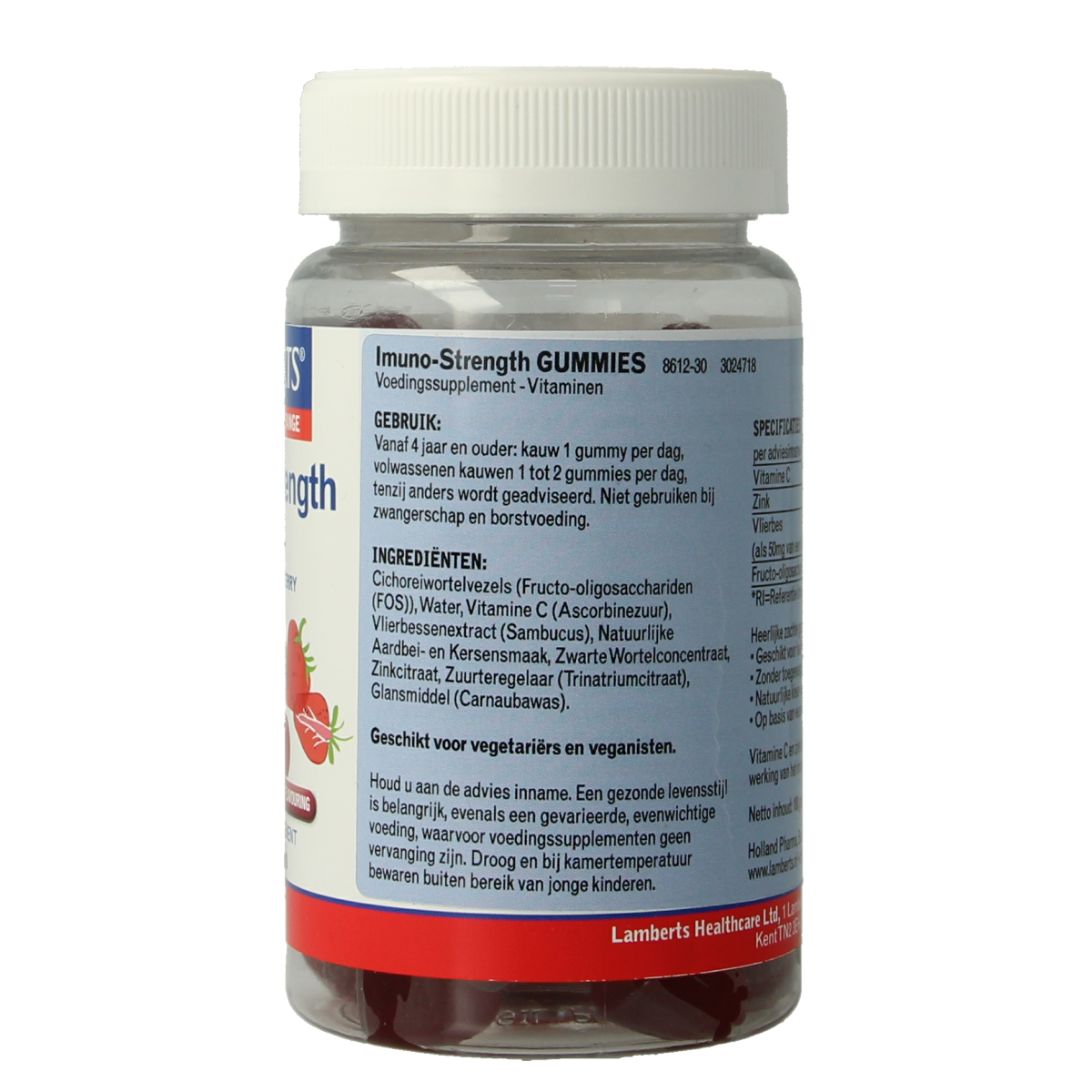 Lamberts Imuno-strength gummies, a multivitamin supplement in a bottle of 60 gummies, with colorful gummy shapes in the image.