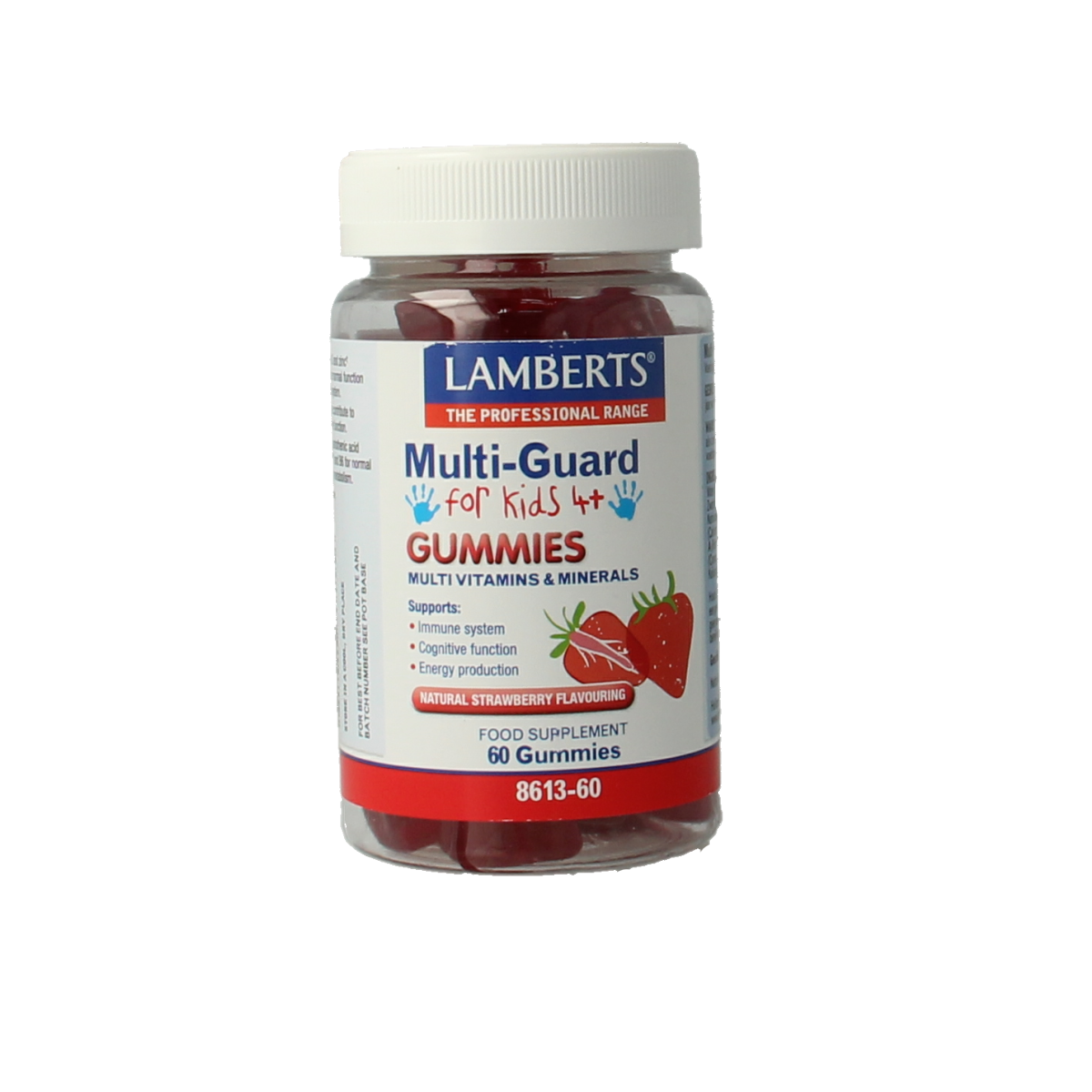 Lamberts Multi-Guard for Kids gummies, vitamin multivitamin supplement for children, showing colorful gummy vitamins in a jar.