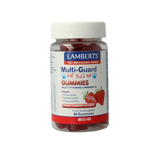 Lamberts Multi-Guard for Kids gummies, vitamin multivitamin supplement for children, showing colorful gummy vitamins in a jar.
